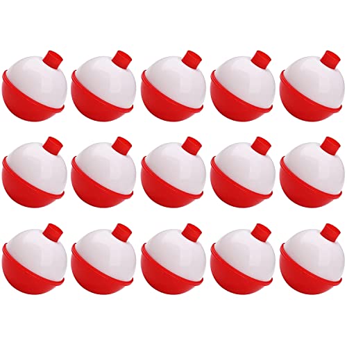 Snap-On Fishing Bobbers - Red & White Push Button Buoys, 0.75 Inch, 15pcs
