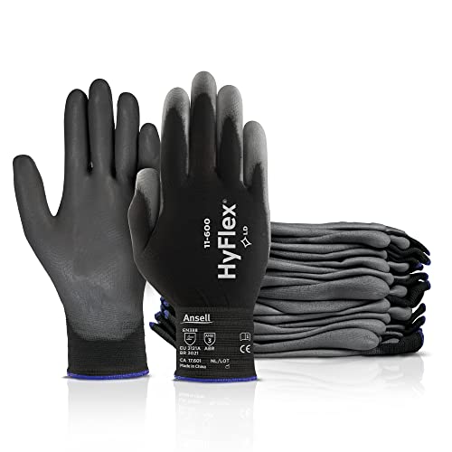 HyFlex 11-600 Multi-Purpose Light Duty Industrial Gloves w/Palm Coating for Metal Fabrication, Machinery, Automotive - Size 7, Black (12 Pairs)