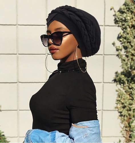 African Women Turban Cap - Pre-Tied Double Braids Beanie - Black