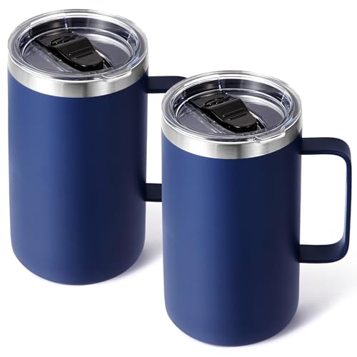 Volhoply 22oz Insulated Stainless Steel Travel Coffee Mug with Handle - Navy, Leakproof Lid, Reusable Tumbler for Hot & Cold Drinks, Bulk 2 Pack
