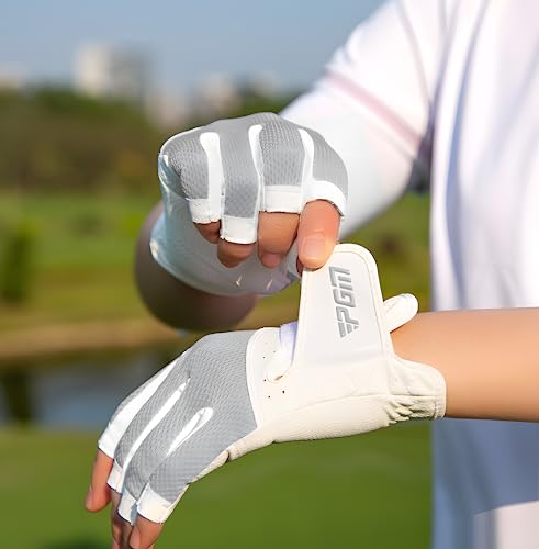 PGM Women's Golf Glove One Pair - White Pink, Open-Finger, Breathable Mesh, Improved Grip, X-Small