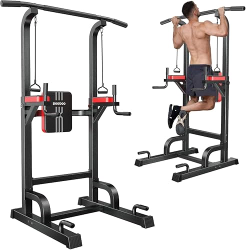 Power Tower Dip Station - Adjustable Height, 450LB Capacity - Black Red-03