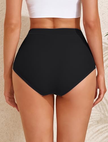 High Waisted Bikini Bottoms - Classic Black, Ruched Full Coverage