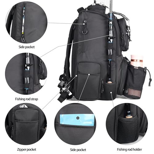 LEOMOO 40L Fishing Tackle Backpack with Rod Holders, Large Camping & Hiking Storage, Black - 4 Tackle Boxes Not Included