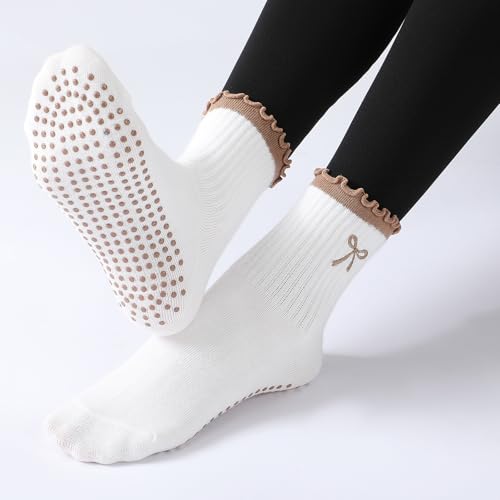 Nonslip Grip Socks for Women - Cute Pilates Socks - Brown Bow