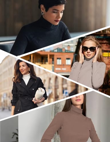 HOPLYNN Women's Thermal Turtleneck Shirts 2/4 Pack - Fleece-Lined Long Sleeve Tops, Black, White, Coffee, Wheat, Medium