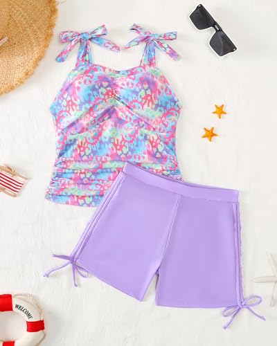 Girls Tie-Strap Tankini Swimsuit with Drawstring - 13-14 Years Purple