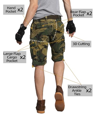 AKHIKING Rain Camo 36 Regular Camo Cargo Shorts for Men - 100% Cotton, 6-Pocket Outdoor