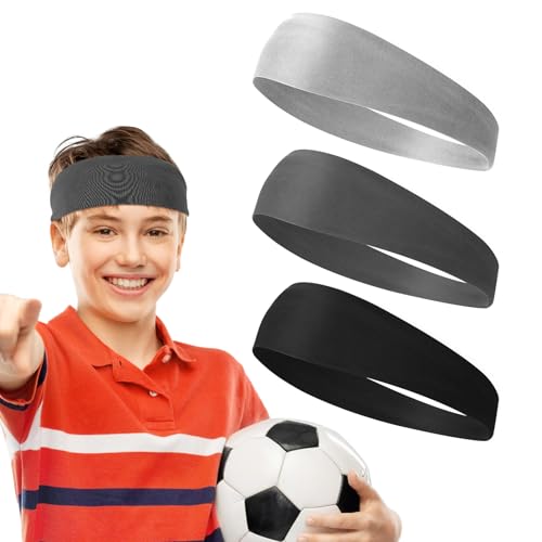 Kids Athletic Headbands - 3 Pcs Elastic Sweatbands - Black, Light Gray, Dark Gray