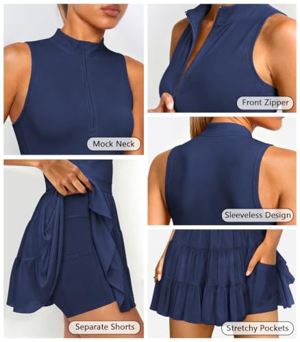 Hragc Women's Tennis Pleated Ruffle Zip-Up Athletic Dress – Navy Blue, Medium
