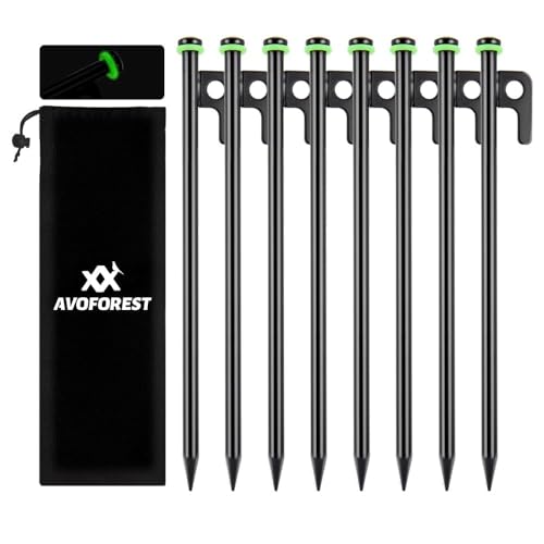 Heavy Duty Tent Stakes - 8 Inch Metal Pegs with Silicone Rings & Bag - 8 PCS - Black