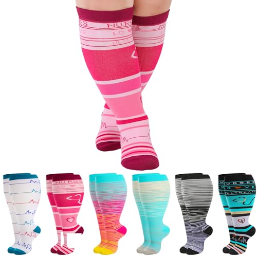 Jspupifip Plus Size Wide Calf Compression Socks 6 Pairs - Black White Blue Rose Red XX-Large
