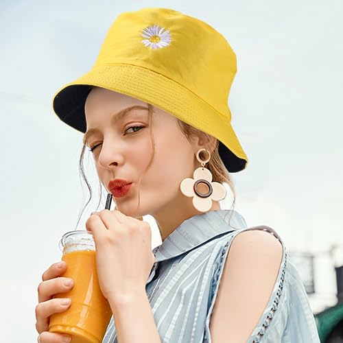 Zkptops Sun Hat for Women - Cotton Bucket Hat, Reversible Black Yellow, Beach Travel