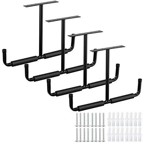 Overhead Garage Storage Hooks Rack Ceiling Mounted, Heavy Duty Utility Hooks Ladder Hangers for Pipe, Lumber, Fishing Rod and Ski Board | 4 Pack Black