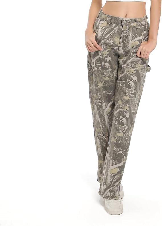 PinkyMoor Women Camouflage Cargo Pants XX-Large, Green – Straight Wide Leg Trousers with Pockets