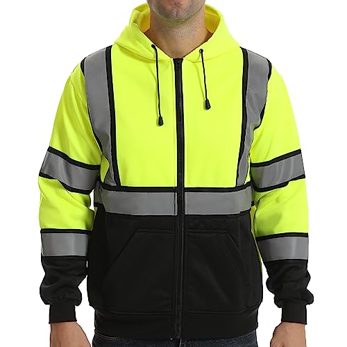 High visibility Hoodie for Men,Class3 Hi Vis Hoodie with Zipper,Reflective Hooded Hood,Construction work Safety Sweatshirt with Large front Pocket for Men/Women Black Bottom£¬Large