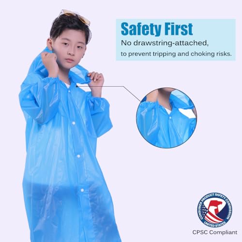 Kids Rain Ponchos 2-Pack for Ages 6-11, Waterproof Reusable Outdoor Rain Jackets Blue