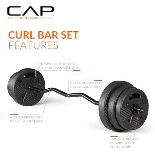 CAP Barbell Threaded Curl Bar Set with 50 LB Cement Grip Plates for Home Gym