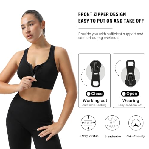 Senlinyoga Medium Support Women's Sports Bra Front Closure Seamless Black