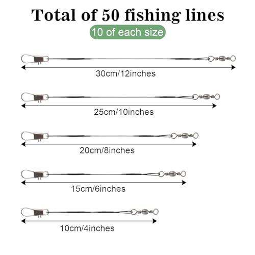 Fishing Leaders - 50 Pcs Stainless Steel Wire Leaders with Snap & Swivel - Black