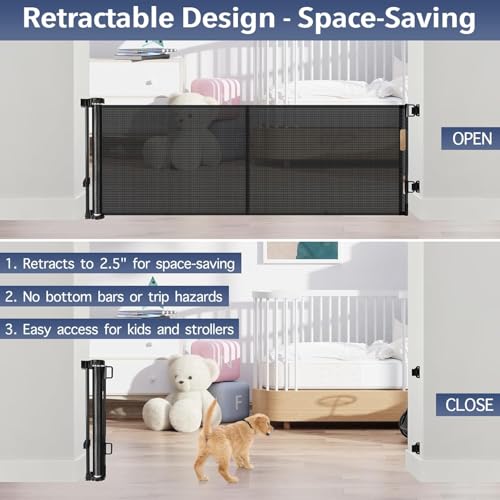 Reinforced 18 Inch Tall Retractable Dog Gate for Stairs, 55" Wide Step Over Pet Gate for Doorways, Small Pet Gate Retractable Gate Indoor/Outdoor Short Gate for Small Dogs - No Bottom Squeeze, Black