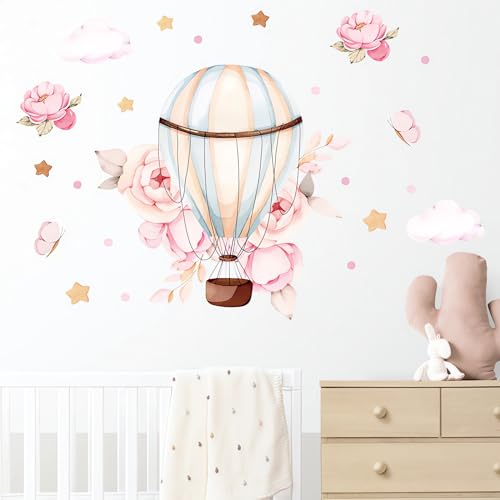 Pink Peony Rose Hot Air Balloon Star Flower Wall Stickers, sacinora Cartoon DIY Art Wall Decals Removable Vinyl Peel and Stick for Kids Baby Girl Nursery Living Room Bedroom Children's Room Playroom