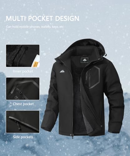 MAOYSSEN Men’s Mountain Ski Jacket Black XL - Waterproof Winter Coat with Fleece Lining
