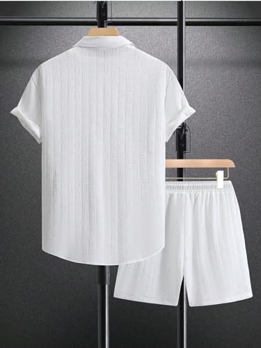 RoseSeek Men's White Linen Beach Outfit 2-Piece Shirt & Shorts Set - Large