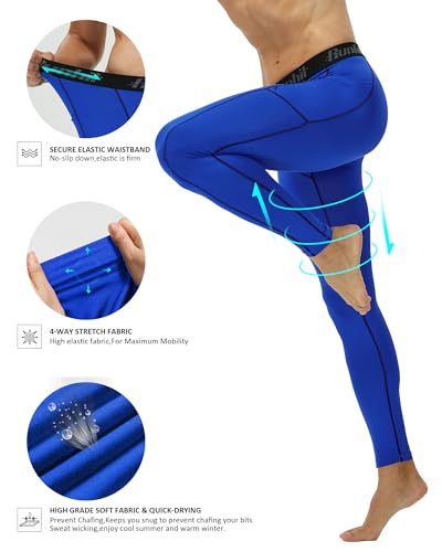 Mens Compression Tights with Pockets - Blue Black Line, Large