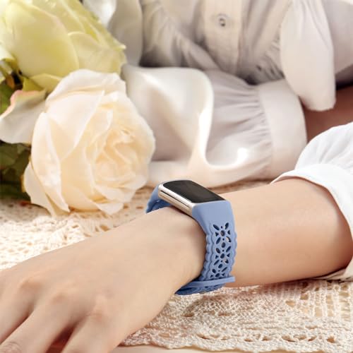 Maledan Floral Lace Silicone Watch Bands for Fitbit Charge 5/6, Black/Blue Gray, 5.5-8.2 inch Wrist