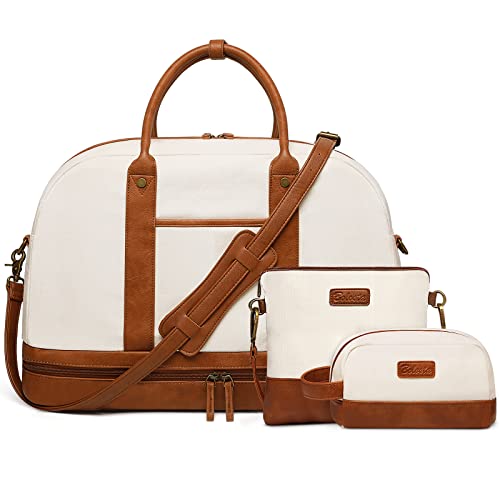 BOLOSTA Beige Canvas Weekender Bag for Women with Shoe Compartment - Large Travel Tote, Carry-On Overnight Duffel, Versatile Gift