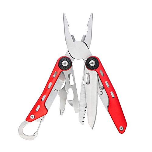 Amazon Basics 10-in-1 Stainless Steel Multitool with Red Aluminum Frame - Pliers, Wire Cutter, Knife, Saw, Screwdrivers, Bottle Opener, Carabiner (10-in-1, Red)