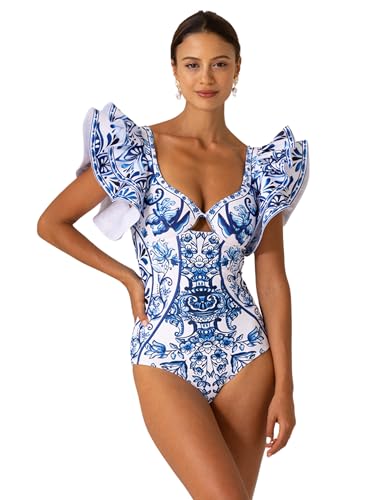FLAXMAKER Blue & White Porcelain Pattern One-Piece Swimsuit with Skirt - Elegant Beachwear