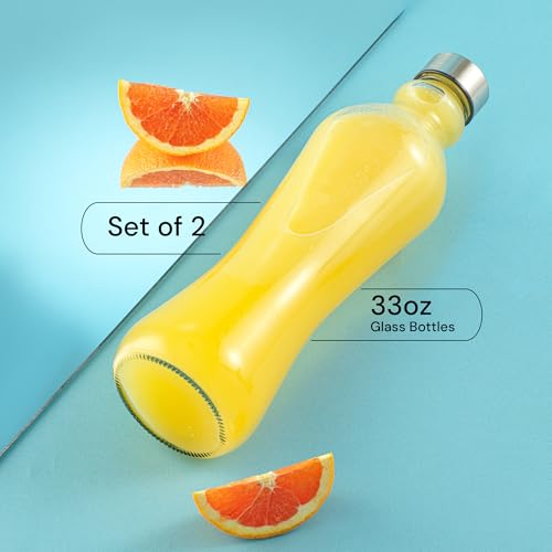 JoyJolt 32oz Glass Water Bottle Set – 2pk, Clear Glass with Stainless Lids, Leakproof