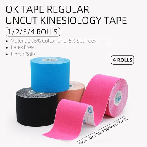 OK TAPE Kinesiology Tape 4 Pack - Uncut 2in x 16.4ft Latex-Free Cotton Assorted Colors