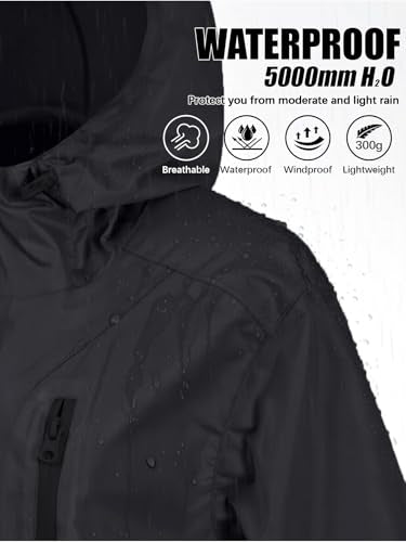 CRIPOM Women's Waterproof Hooded Rain Jacket - Light, Breathable, Black, Large