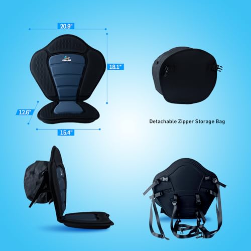 EELLAO Kayak Seat Deluxe Black & Blue with Detachable Storage Bag, Cushioned Back Support, Adjustable Straps