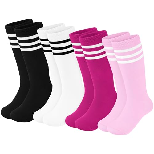 Kids Soccer Socks - Cotton Knee High Socks for Ages 6-9 - Black, White, Rose Red, Pink