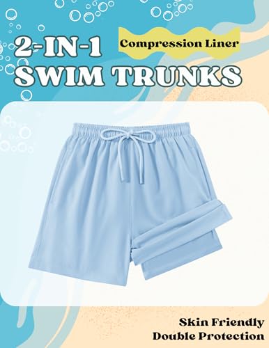 Arshiner Boys' Swim Trunks with Compression Liner 13-14 Years Light Blue
