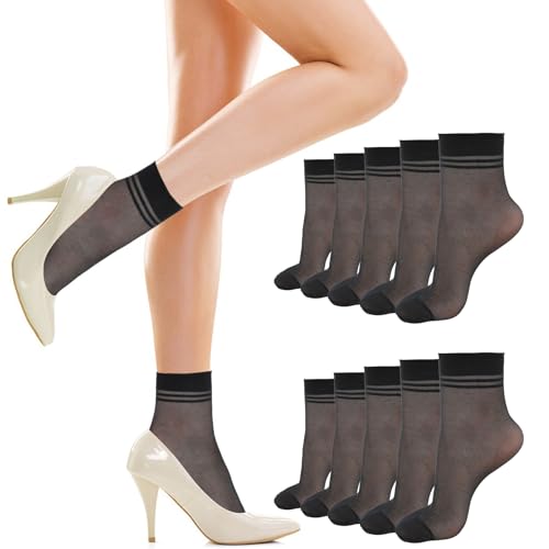Women's Sheer Nylon Ankle Socks - Thin Breathable Silk Socks - Black 6 Pack