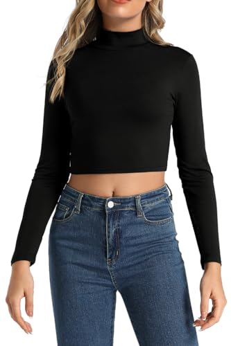 Lightweight Turtleneck Long Sleeve Crop Top - Black, X-Small