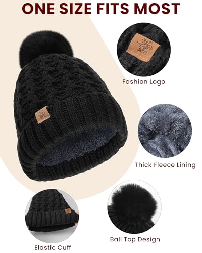 Womens Winter Beanie Hat - Soft Warm Knit Cap with Faux Fur Pom Poms - Black