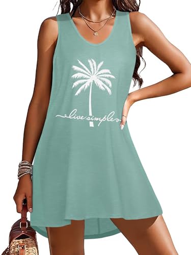 Women's Light Blue Coconut Tree Bikini Coverup Tank Dress - Large