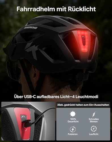 Lightweight Adult Bike Helmet with Rear Light & Goggles - Black, Large