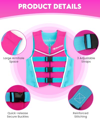 Owntop Youth Swim Vest Pink 75-125 lbs – Triple Adjustable Straps, Quick-Release Buckles