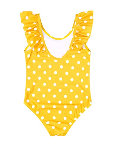 Girls One-Piece Swimsuit - Ruffle Bathing Suit, Yellow Polka Dots K01, 6-7 Years