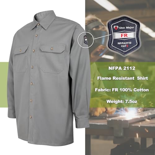 Men's 7.5oz FR Shirts, 100% C Flame Resistant Welding Jacket, Fire Retardant Clothing, Durable Accessories, Meets NFPA2112, Grey-ZRND L