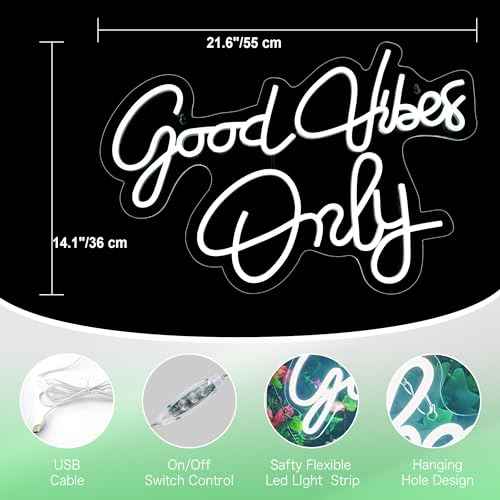 Good Vibes Only Neon Sign for Wall Decor 21.6" x 14.1" Large Cool White LED Fun Vibe Lights for Party, Bedroom, Bar, Wedding Decoration - Best Gifts for Birthday, Christmas