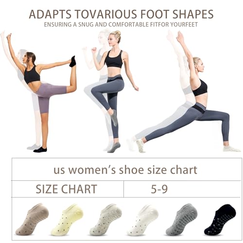YesMvpMvp Non-Slip Pilates Socks with Grips for Women, Multipack, Grey, Light Yellow, Khaki, US Size 5-9