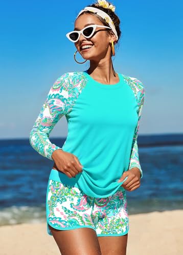 MODLILY Two Piece Women's Rash Guard with Paisley Print - Long Sleeve, Cyan, Medium
